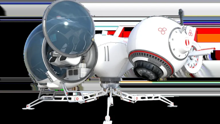 White sci-fi spaceship with a large glass cockpit and a spherical module, on white background.