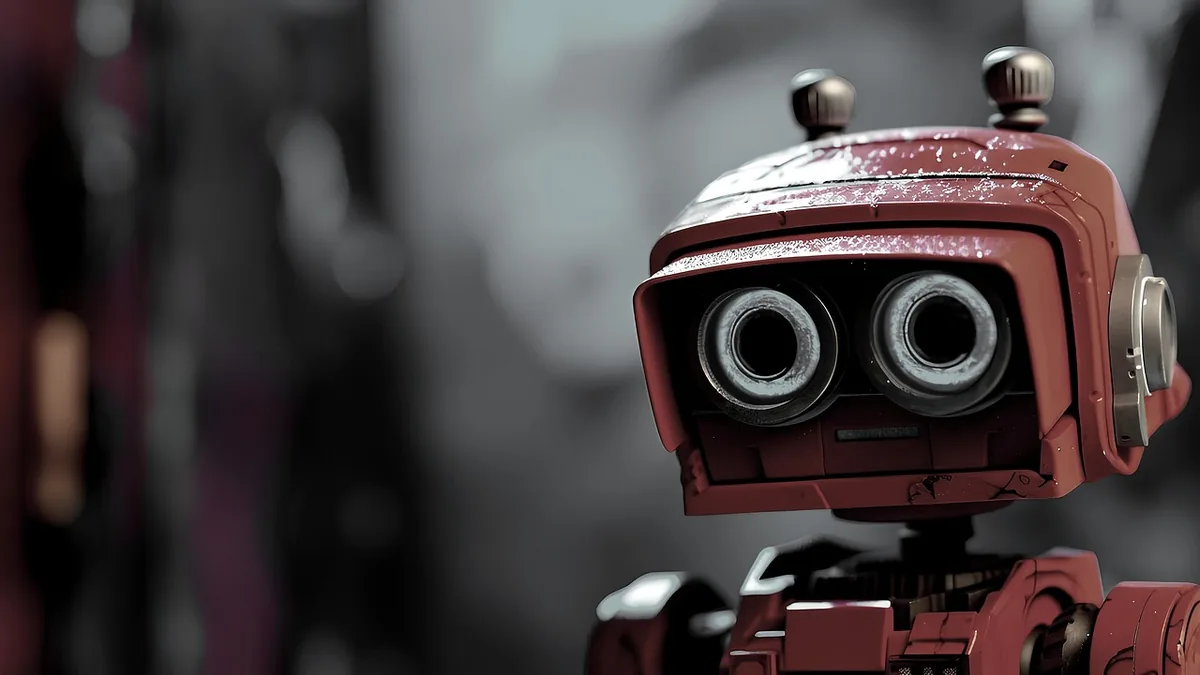 Close-up of a red retro-styled robot with large circular eyes, evoking a high-tech gaming aesthetic.