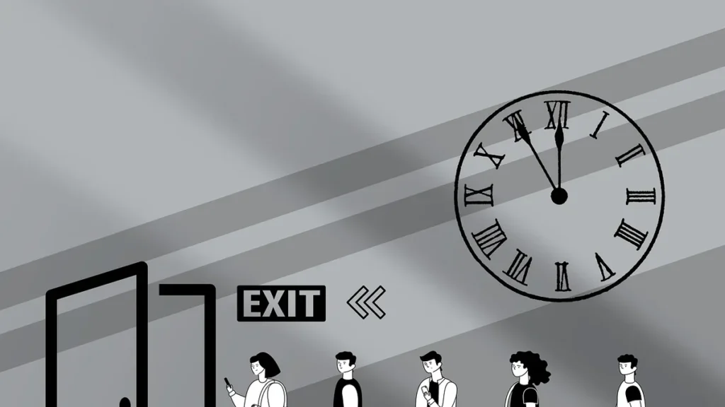 Illustration of people lining up toward an exit under a large clock, symbolizing job losses.