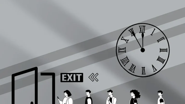 Illustration of people lining up toward an exit under a large clock, symbolizing job losses.