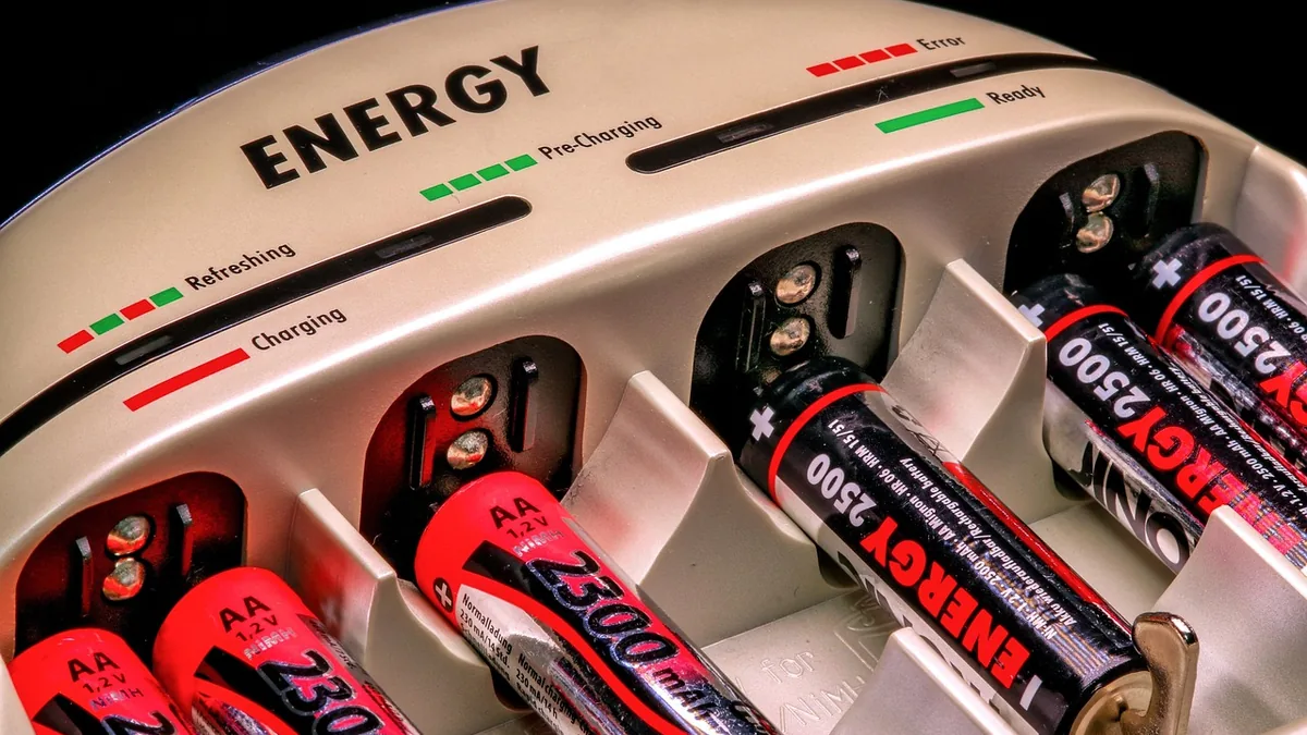 Red and black rechargeable AA batteries in a silver charger with status indicators.