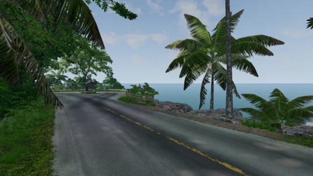 Scenic asphalt road winding along a tropical coastline with palm trees and lush greenery under a blue sky.