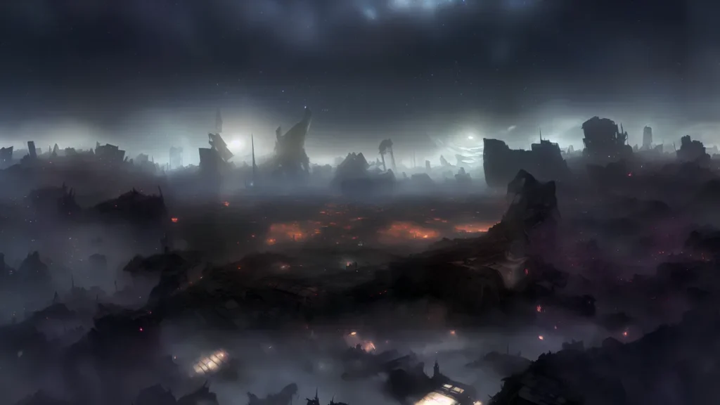 Dark, misty sci-fi landscape of futuristic ruins with glowing embers under a cloudy, starry night sky.