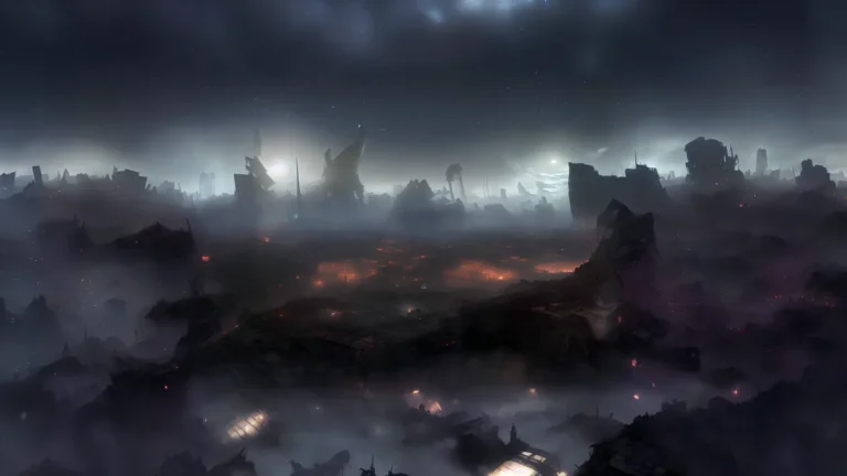 Dark, misty sci-fi landscape of futuristic ruins with glowing embers under a cloudy, starry night sky.