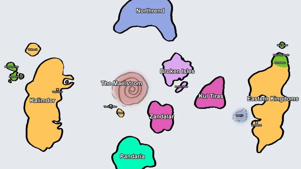 Simplified colorful map of World of Warcraft continents like Kalimdor and Eastern Kingdoms.