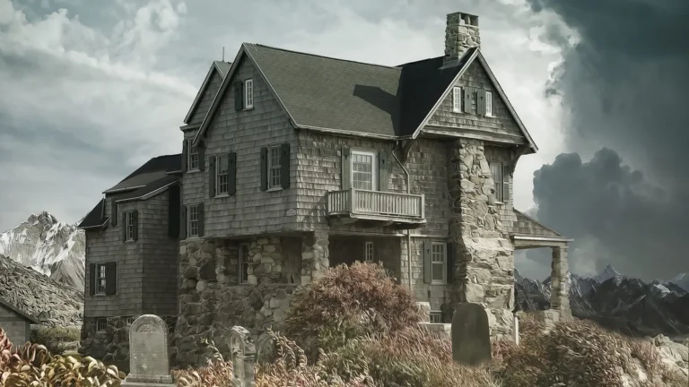 A gothic grey mansion with stone foundation and tombstones under a stormy sky.