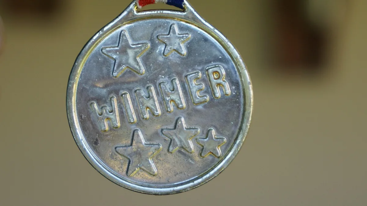 A silver medal embossed with the word WINNER and stars, hanging from a ribbon.