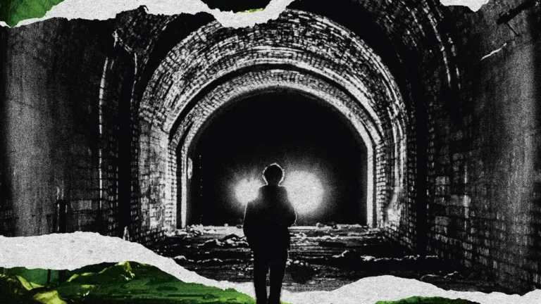 Silhouette standing in a dark, arched tunnel with bright lights, framed by green torn paper collage.