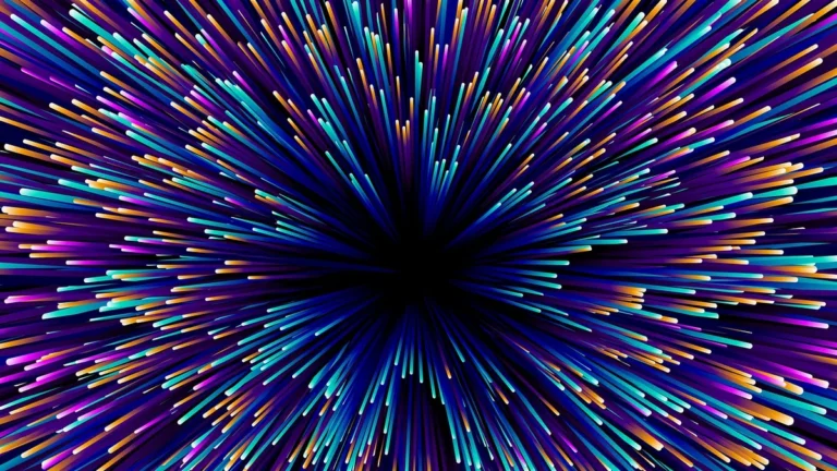 Vibrant abstract background with colorful neon lines in blue, purple, and orange radiating from a dark center.