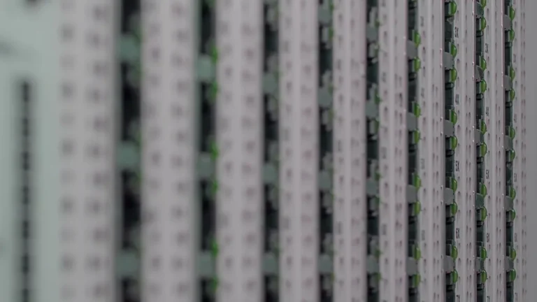 Close-up of vertical server racks with green status lights and column labels like 3X and 4X on the right side.