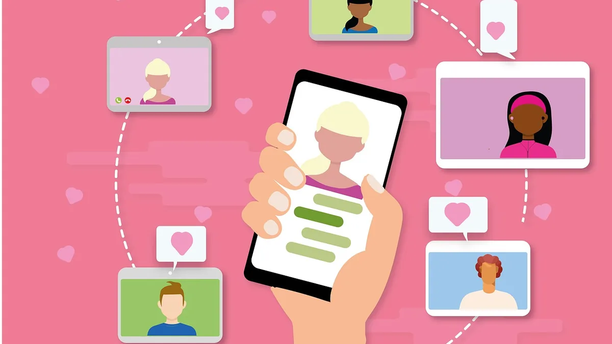 Cartoon illustration of people messaging and connecting online via smartphones and screens with heart symbols.