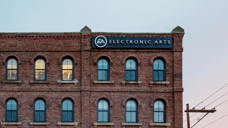A red brick building with the Electronic Arts logo sign mounted on the upper facade.