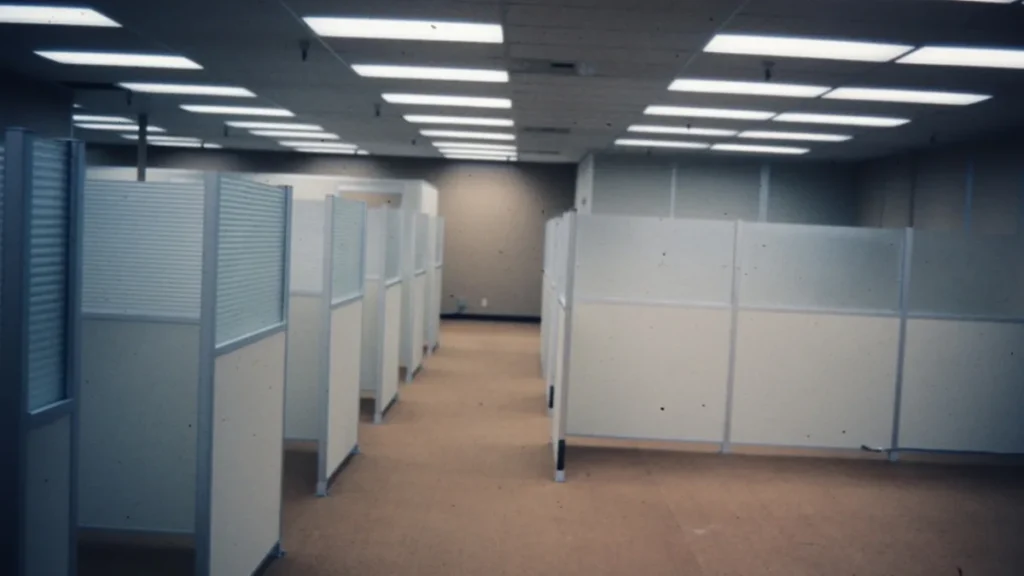 Empty office cubicles under fluorescent lights, symbolizing corporate layoffs and empty workplaces.