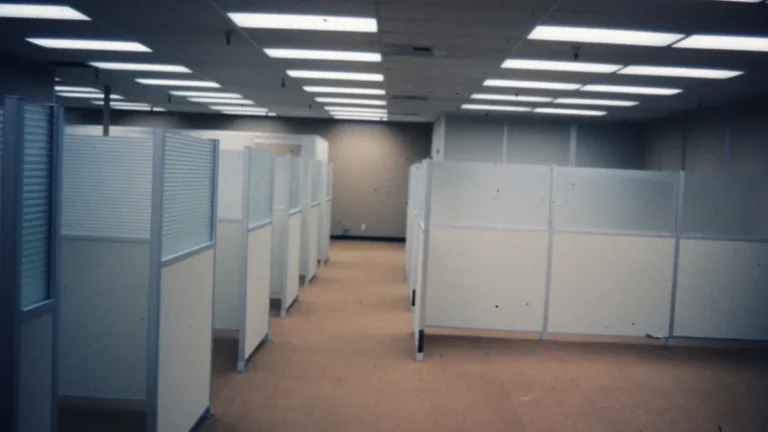 Empty office cubicles under fluorescent lights, symbolizing corporate layoffs and empty workplaces.