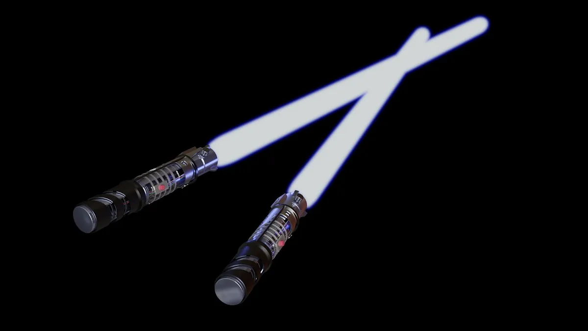 Two glowing dual lightsabers with bright white blades crossed against a dark background, representing Star Wars.