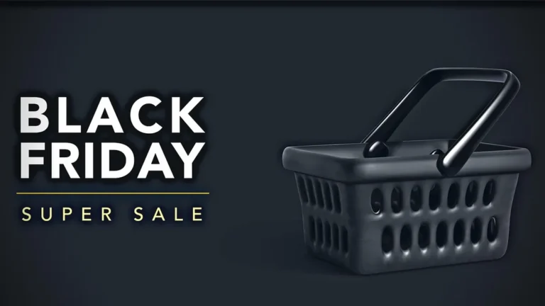Text 'BLACK FRIDAY SUPER SALE' next to a black shopping basket on a dark background.