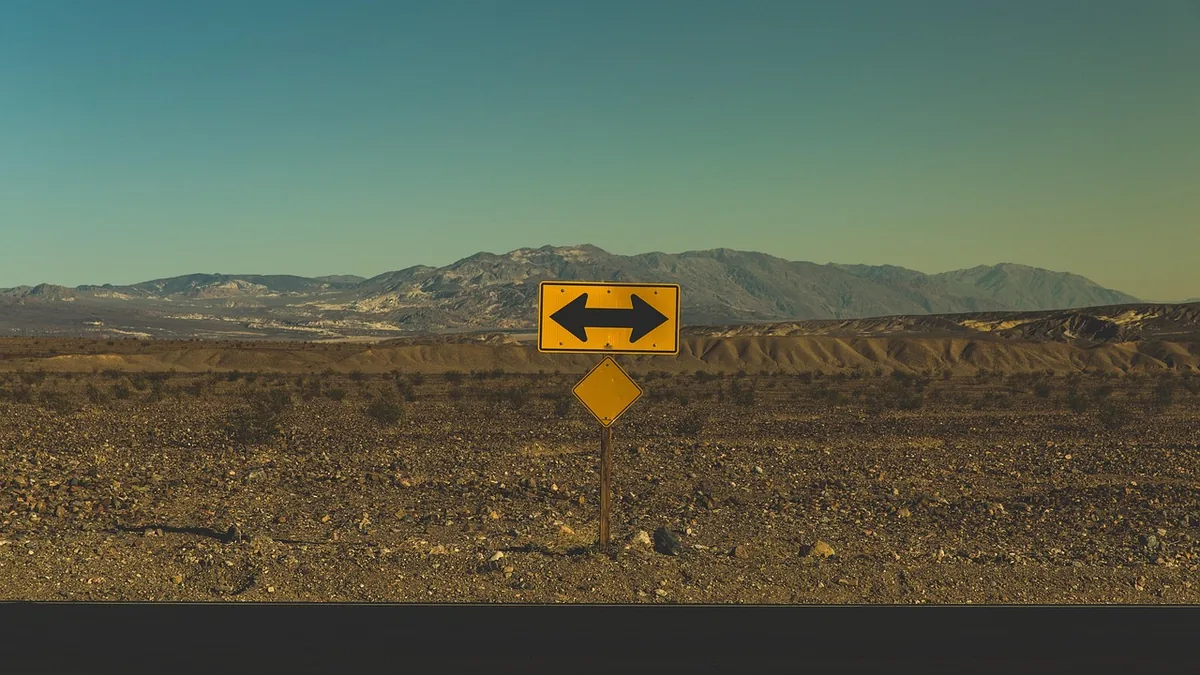 Yellow double-arrow road sign pointing both ways in a vast desert landscape under a clear sky.