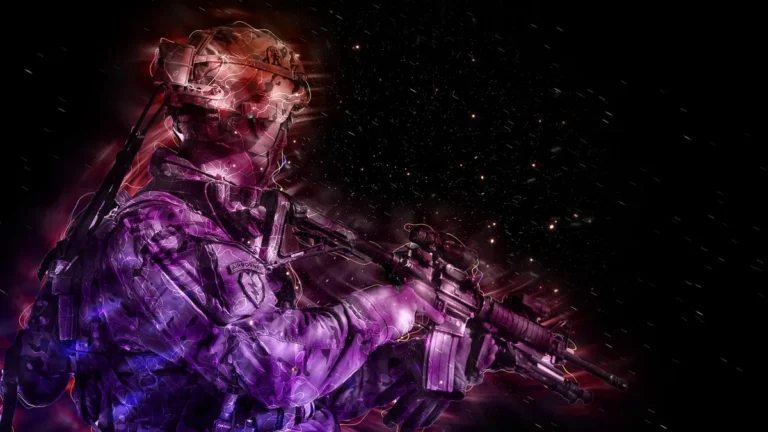 Stylized soldier glowing in purple and red neon outlines, holding a tactical rifle against a starry space background.