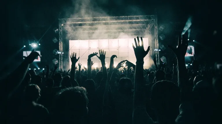 Silhouetted crowd with hands raised before a brightly lit stage at a large live event.