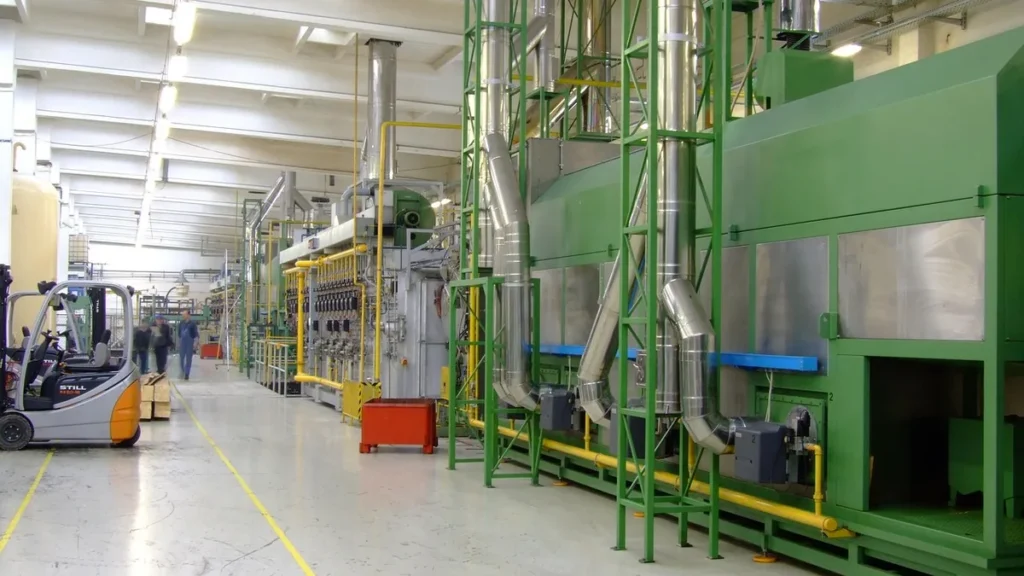 Interior of an industrial factory featuring large green machinery, shiny silver pipes, and a forklift on the left.