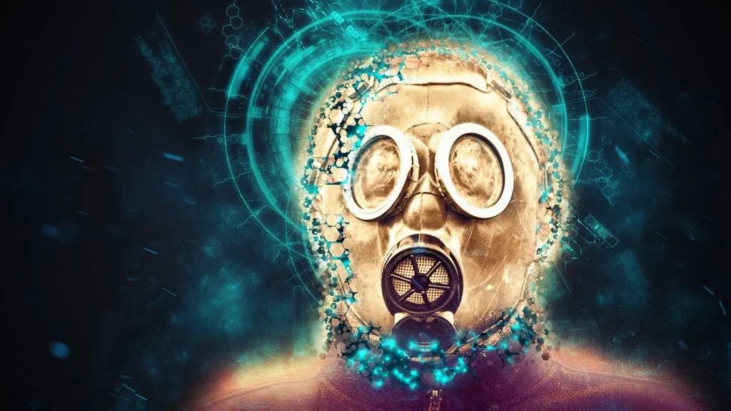 A golden gas mask surrounded by glowing teal sci-fi molecular structures and HUD circles on a dark background.