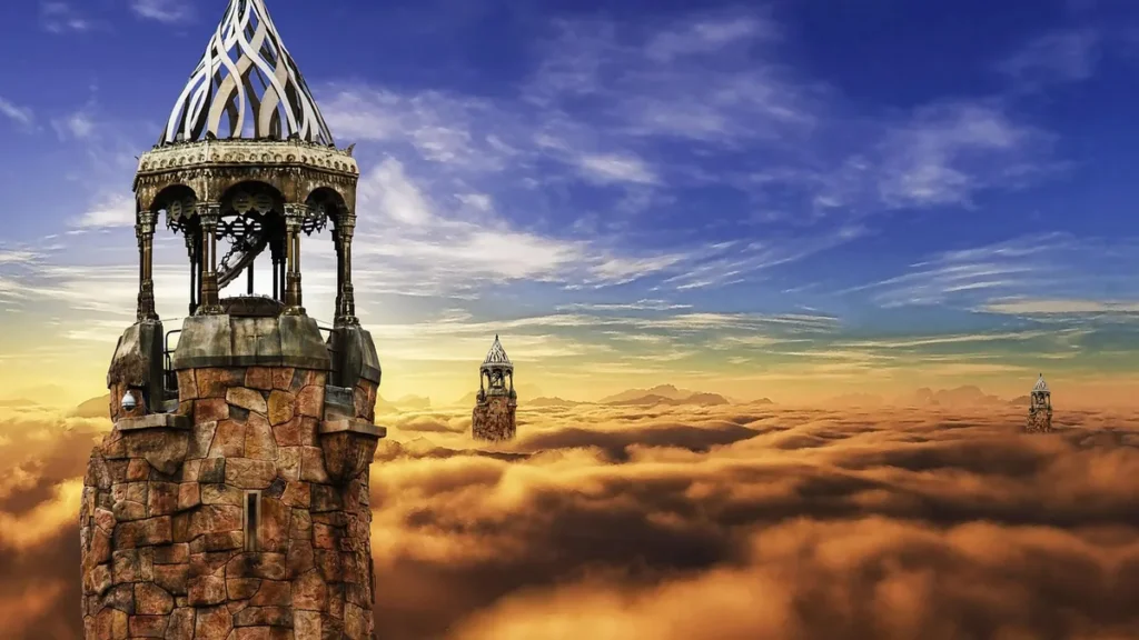 Fantasy stone towers rise above a golden sea of clouds under a blue sky.
