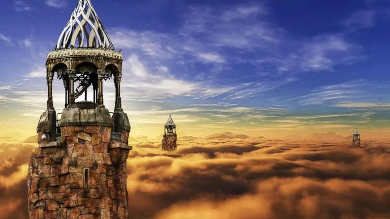 Fantasy stone towers rise above a golden sea of clouds under a blue sky.