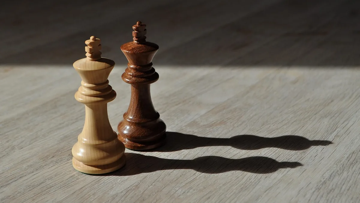 Two wooden chess king pieces casting long shadows on a light wooden surface.