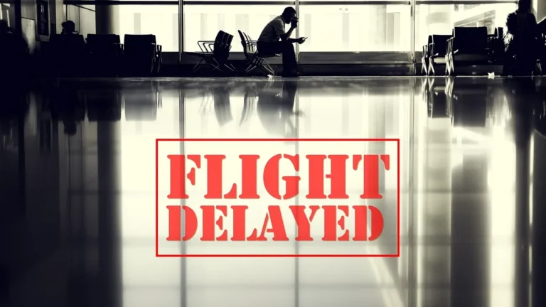 Silhouette of a passenger sitting in an airport terminal with a large red graphic stamp reading FLIGHT DELAYED.