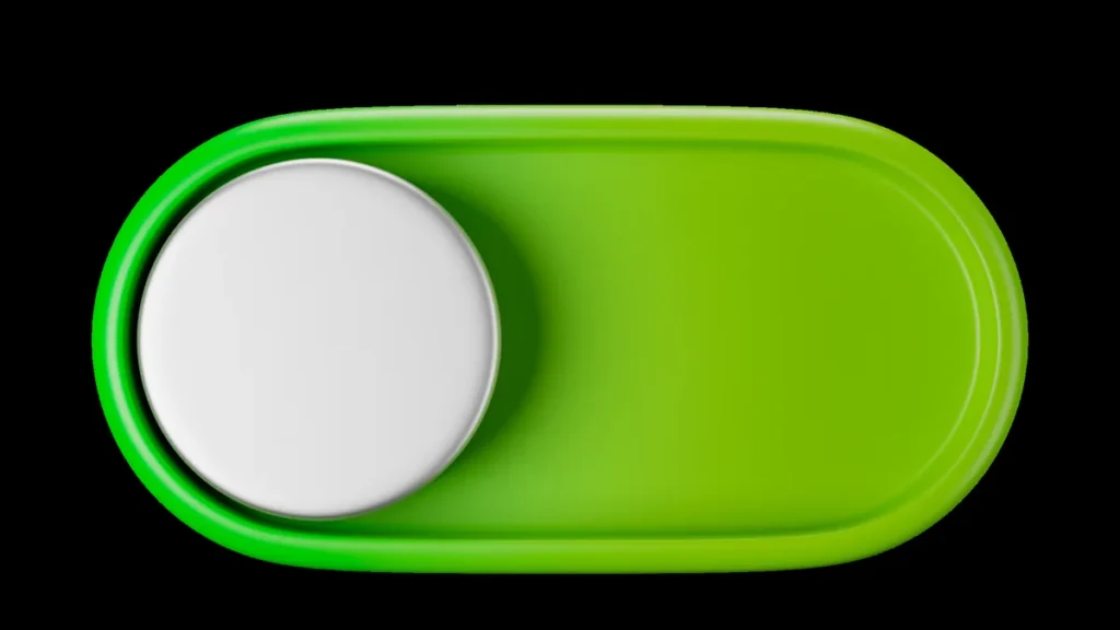 A bright green toggle switch with a white slider knob on a black background.
