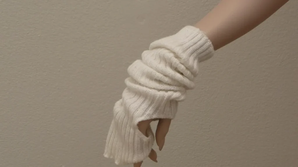 White knitted fingerless gauntlet glove on a mannequin hand, showing ribbed texture and exposed fingertips.