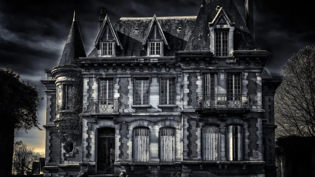 Creepy gothic mansion standing under a dark, dramatic stormy sky in monochrome.