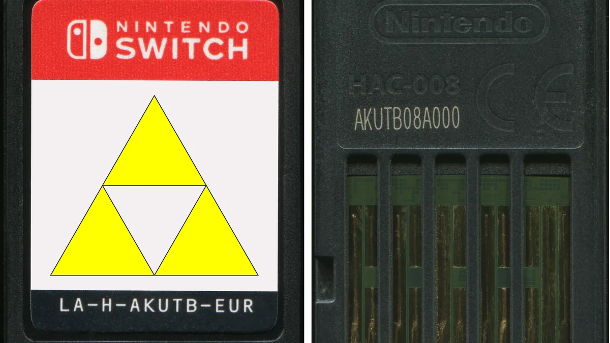 Nintendo Switch cartridge showing the yellow Triforce logo on the front label and serial numbers on the back.