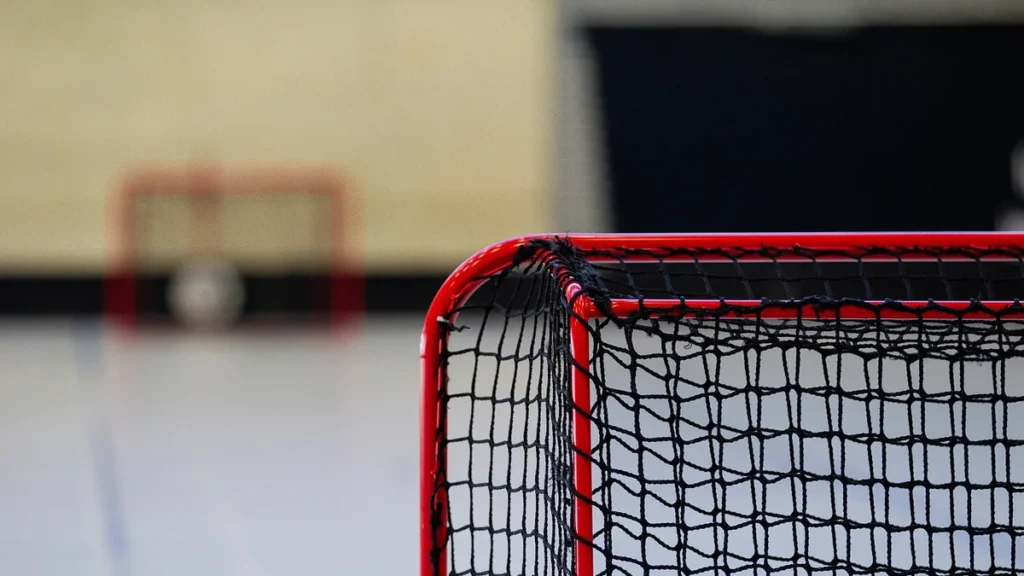 Close-up of a red goal net with another goal blurred in the background on an indoor court.