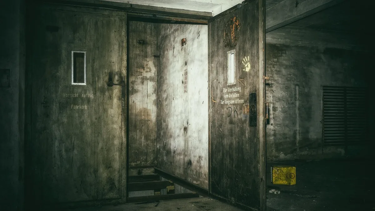 Creepy, grungy metal doors of an abandoned industrial elevator, marked with a yellow handprint and German warnings.