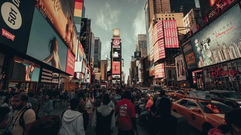 Bustling Times Square filled with crowds, bright billboards, and yellow cabs under a cloudy sky.