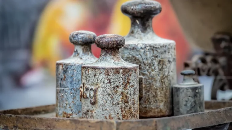 Rusty metal weights of various sizes on a tray, showing weathered textures and the lettering 'kg'.