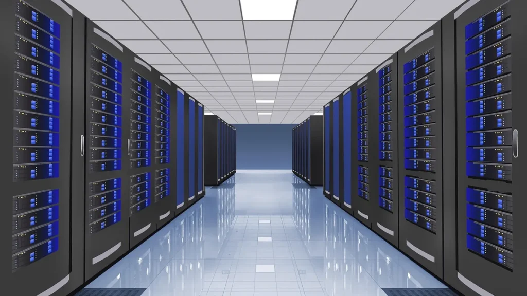 Symmetrical server racks with glowing blue lights line a clean, reflective data center corridor.