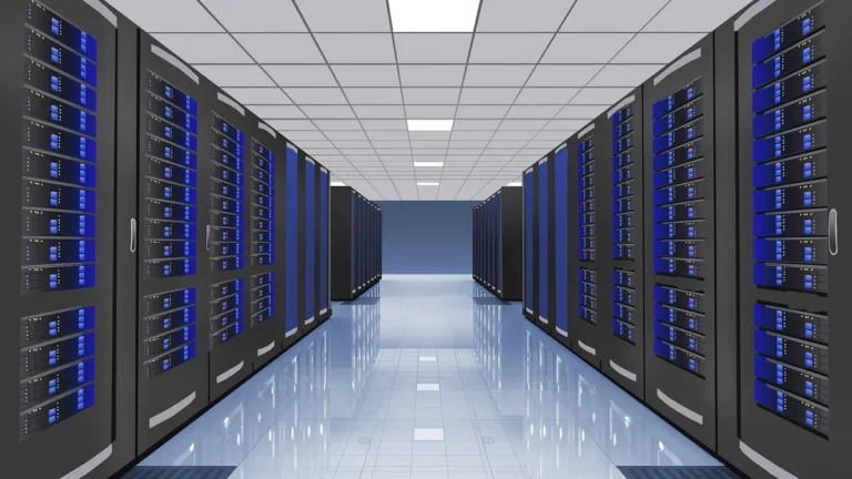 Symmetrical server racks with glowing blue lights line a clean, reflective data center corridor.