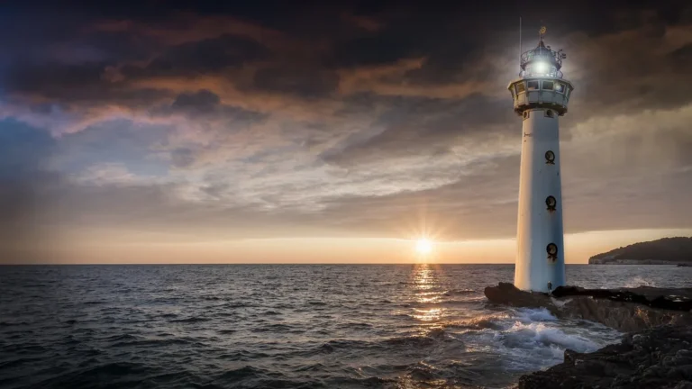 A tall white lighthouse stands on a rocky shore as the sun sets over the sea, casting a warm glow.
