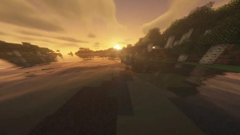 Golden sunset over a Minecraft lake, highlighting upgraded visuals with realistic water reflections.