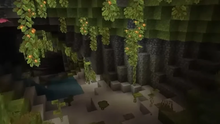 Minecraft cave scene with hanging vines, glowing berries, and soft lighting showcasing vibrant visual effects.