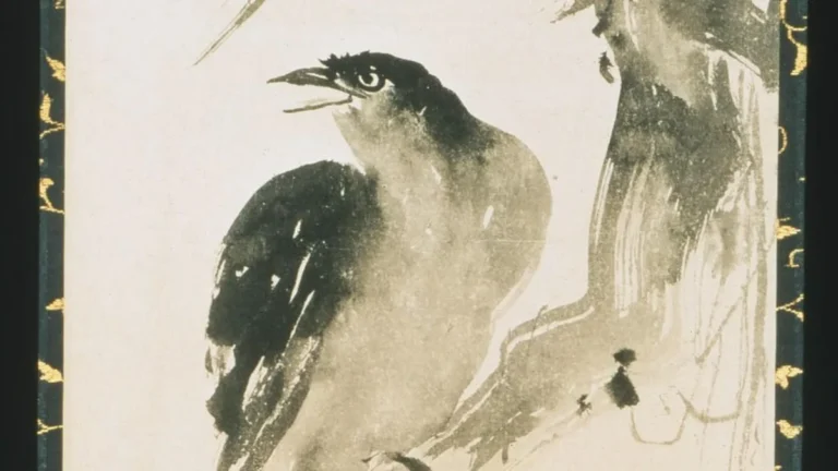 Ink wash painting of a bird perched on a branch, looking back with an open beak, framed by a decorative border.