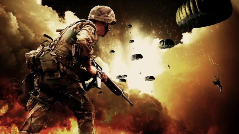 A soldier in combat gear holds a rifle, looking toward paratroopers descending against a fiery, smoky sky.