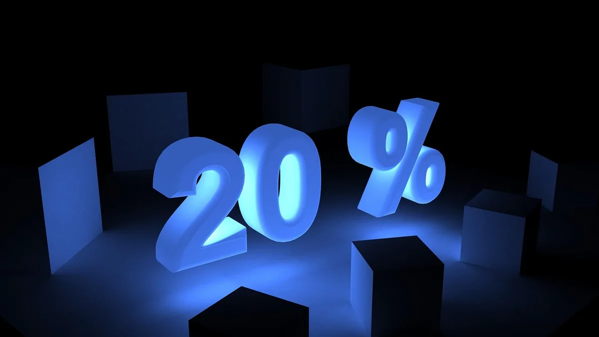 Glowing blue 3D text showing '20%' on a dark background with geometric cubes.