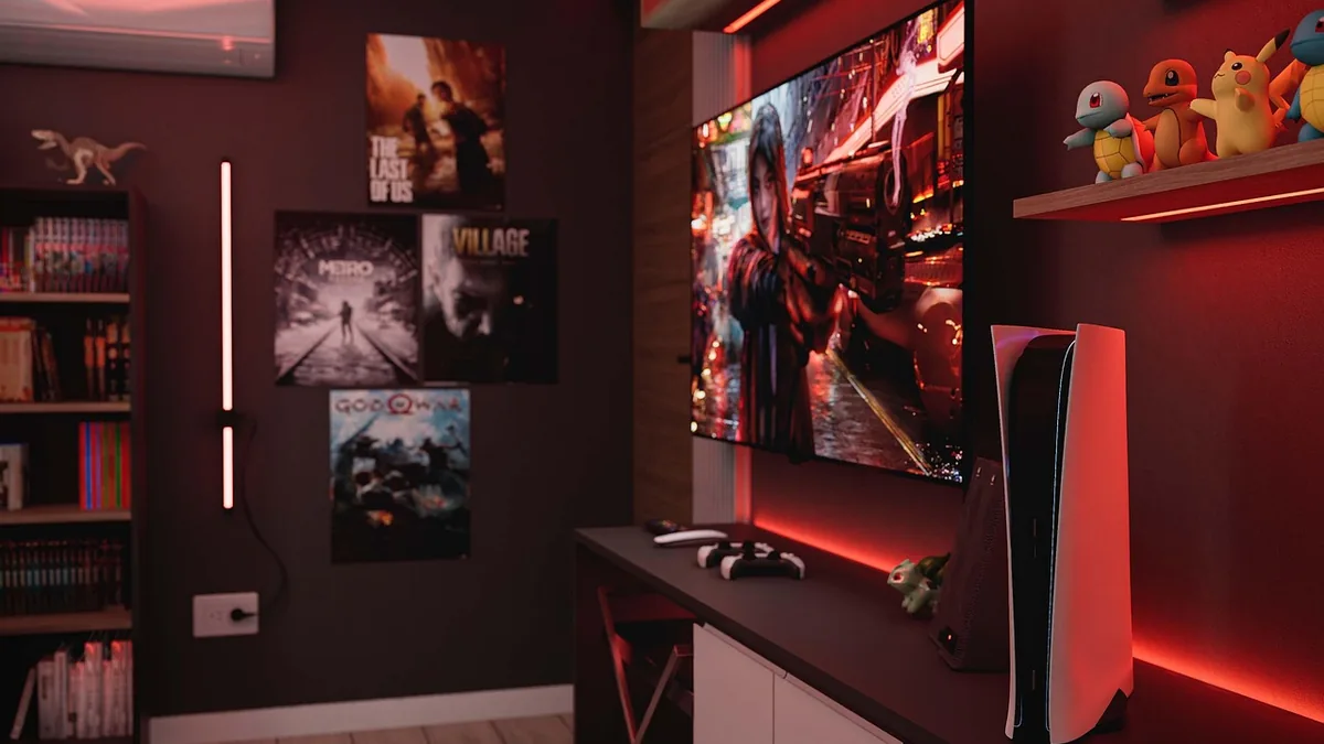 Red-lit gaming setup with a PlayStation 5 console, game posters, and Pokemon plushies on a shelf.
