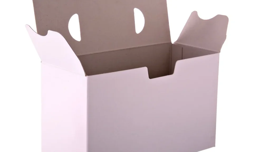 An open white cardboard box with flaps on a white background.