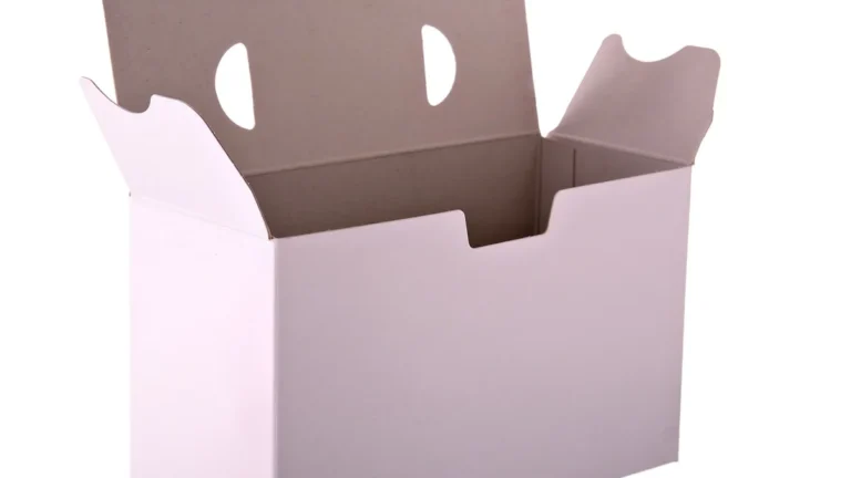 An open white cardboard box with flaps on a white background.