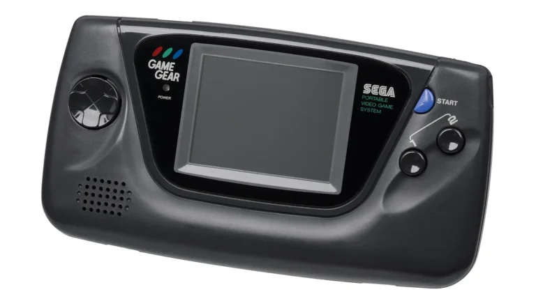 Black Sega Game Gear retro handheld console with screen, d-pad, and buttons on a clean white background.