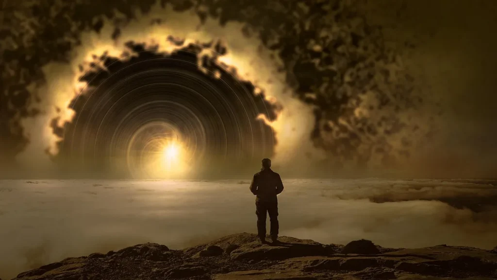 A silhouetted figure stands on a cliff looking at a giant glowing portal swirling in a dark cosmic sky.